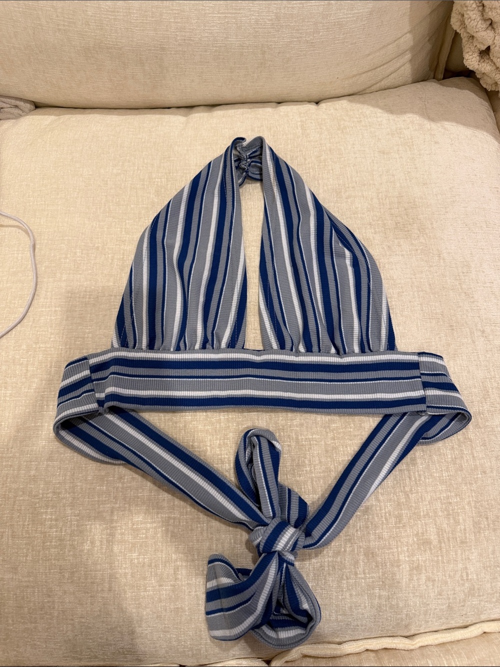 SHEIN Blue and White Striped Ribbed Halter Cropped Top